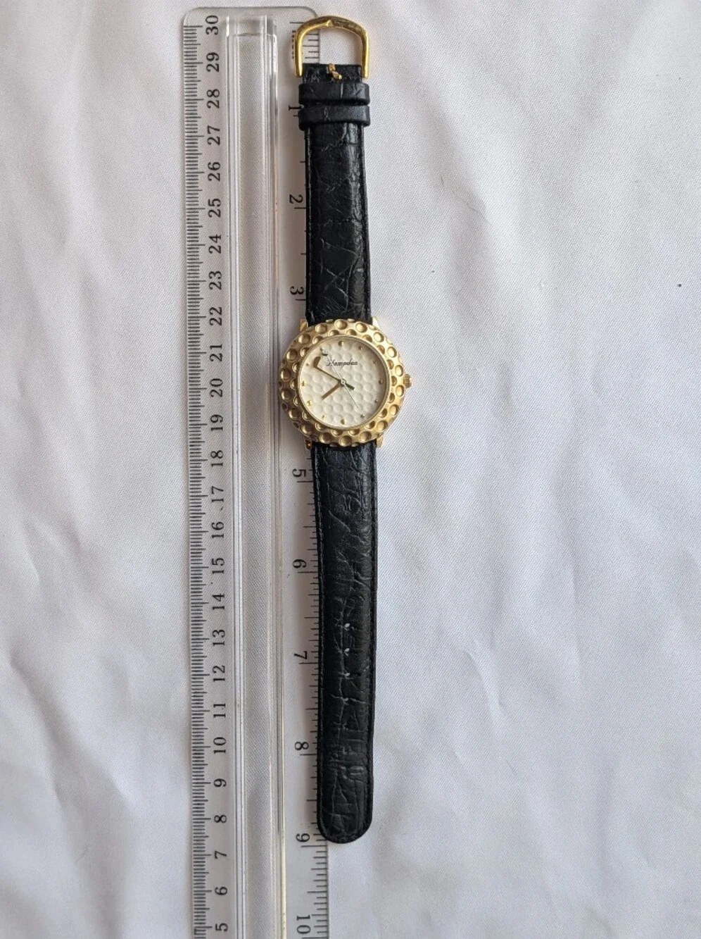 Hampden Golf Watch Golden Dimpled Bezel Club Hand Black Leather Strap Steel Back